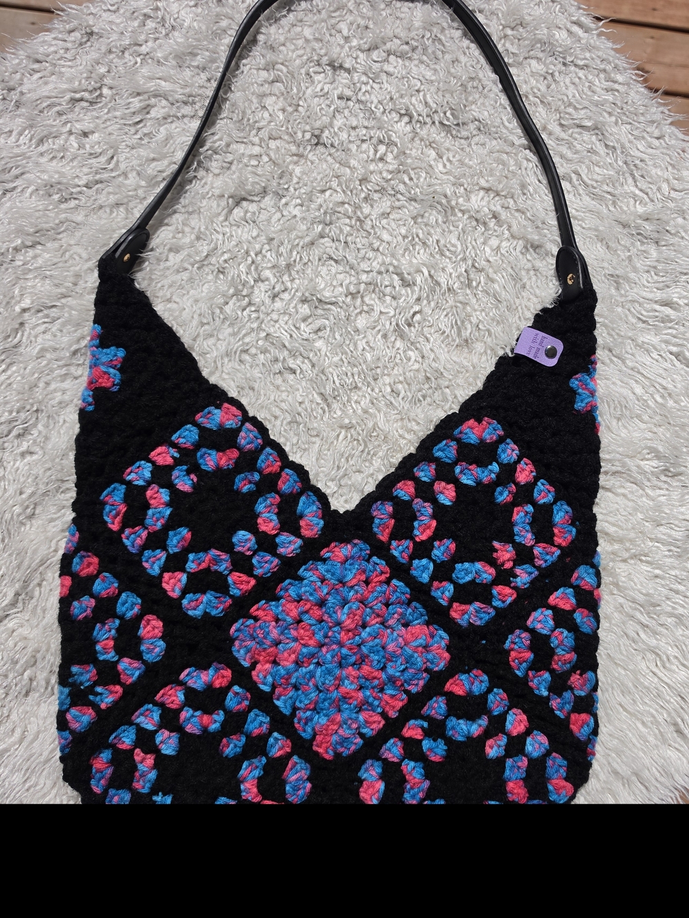 NWT Handmade Pink Blue and Black Crochet "Granny Tote Shoulder Bag" - Picture 4 of 8
